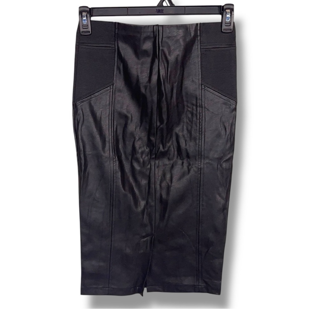 Medium Iris Los Angeles Black Faux Leather Pencil Skirt Stretch Panels Goth